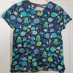 White Cross Blue/Green Hedgehog Print Scrub Top